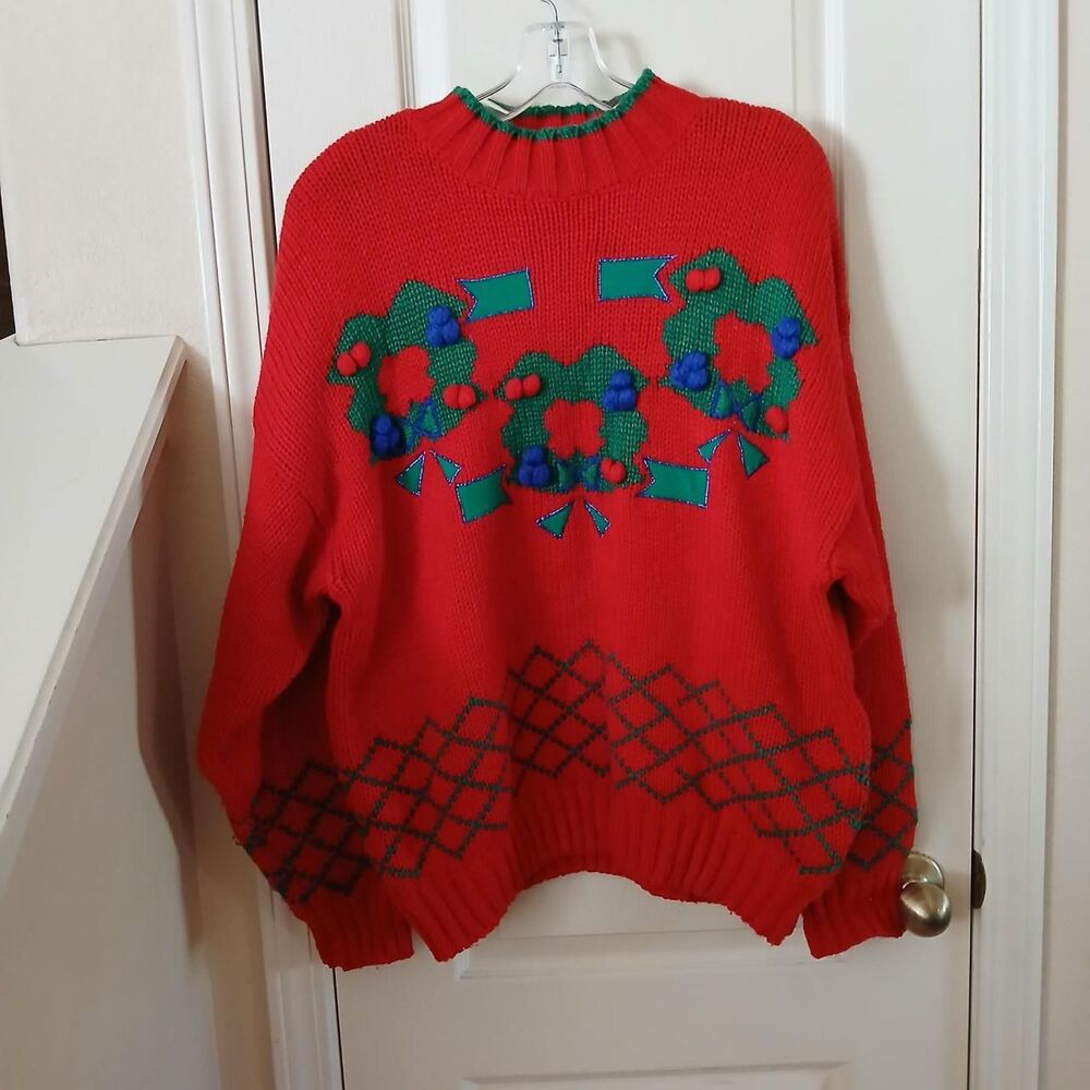 Vintage 90s Karen Scott II Red Knitted Christmas Sweater Wreaths 3D Berries 2X